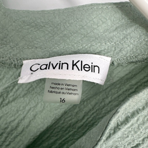 Calvin Klein Gauzy Mint Green Tie Waist Tiered Hem V Neck Dress Sz 16 - Picture 3 of 5